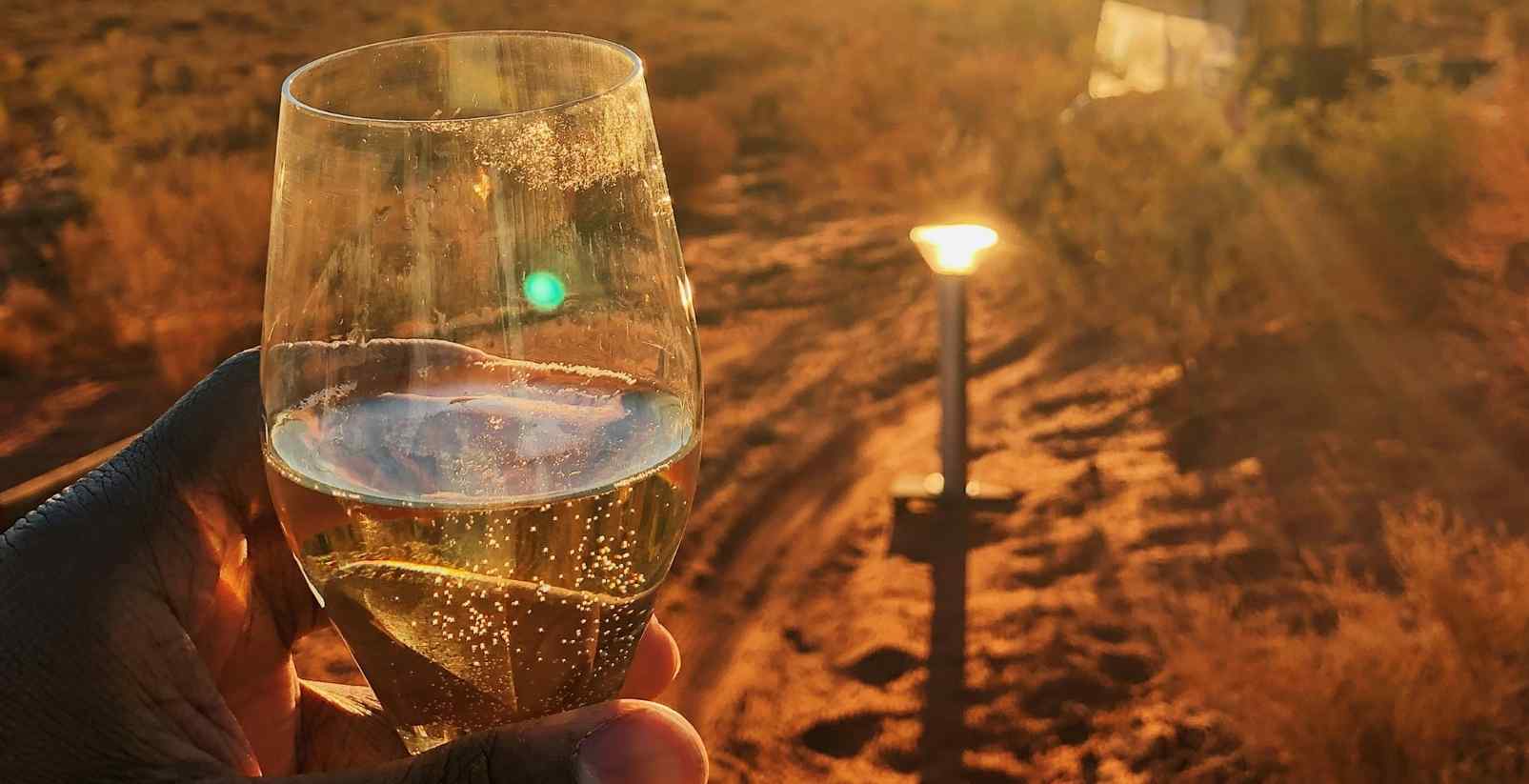 person holding wine glass at sunset